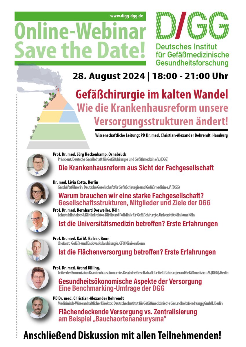 📢 Einladung zum DIGG-Webinar: "Gefäßchirurgie im kalten Wandel - Wie die Krankenhausreform unsere Versorgungsstrukturen ändert!"
🗓 28. August 2024, 18:00-21:00 Uhr
Melden Sie sich jetzt an und diskutieren Sie mit Expert/-innen über die Auswirkungen der Krankenhausreform auf die