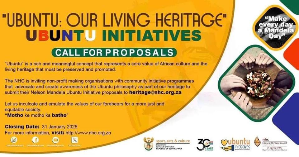 SportArtsCultur's tweet photo. Are you a Non-profit organisation that advocates, educates and promotes the philosophy of Ubuntu? Well this is for you!
The National Heritage Council 2024 Ubuntu Initiatives Call for Support is Now Open
Visit:
heritage@nhc.org.za
🗓️:31 Jan 2025
#UbuntuInitiative #MandelaMonth https://t.co/MCAph6HWe1