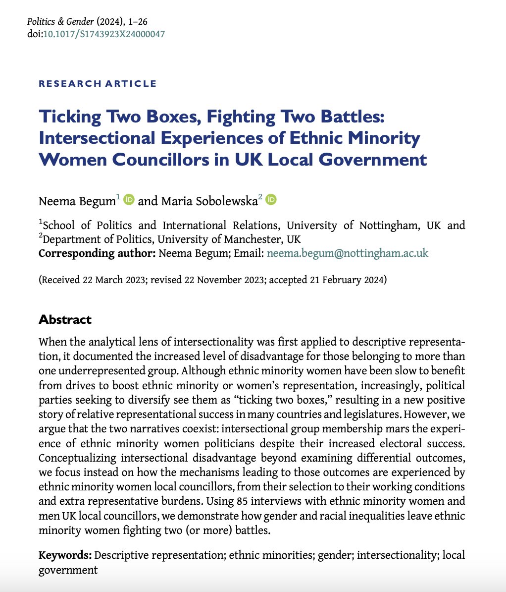Politics & Gender (@politicsgenderj) on Twitter photo UK elections on the brain? Check out <a href="/NeemaBegum/">Dr Neema Begum 🍉</a> & <a href="/ProfSobolewska/">Maria Sobolewska 🇺🇦</a> 's new article about the experience of ethnic minority UK local councillors in "Ticking Two Boxes, Fighting Two Battles"
🌟 Available #OpenAccess 🌟
cambridge.org/core/journals/… UK elections on the brain? Check out <a href="/NeemaBegum/">Dr Neema Begum 🍉</a> & <a href="/ProfSobolewska/">Maria Sobolewska 🇺🇦</a> 's new article about the experience of ethnic minority UK local councillors in "Ticking Two Boxes, Fighting Two Battles"
🌟 Available #OpenAccess 🌟
cambridge.org/core/journals/…