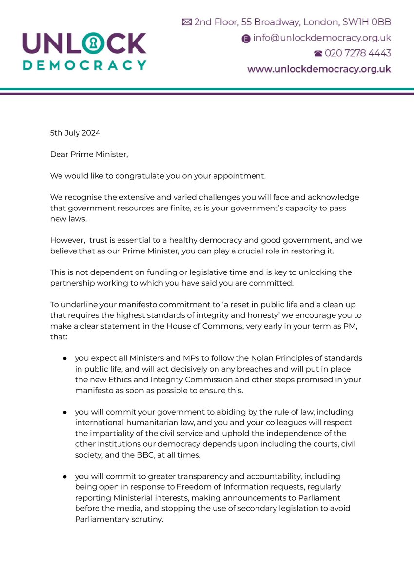 UnlockDemocracy's tweet photo. Restoring trust in politics doesn't depend on funding or passing laws

Our joint letter sets out  4 things Prime Minister @Keir_Starmer can announce to demonstrate that he will clean up politics.

@TransparencyUK
@CompInPolitics
@CompassOffice
@MakeVotesMatter
@ElectoralReform https://t.co/zJ2N2vCEFd