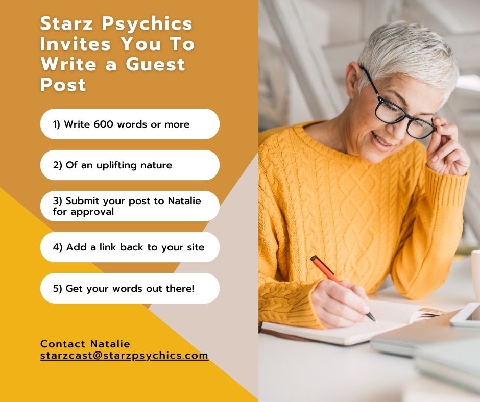 StarzPsychics's tweet image. Write a Guest Post for Starz Psychics 

All you need to do is write a post of 600 words or more and send to Natalie at: starzcast@starzpsychics.com
Make sure your post is of a spiritual nature 
 #blogpost #guestblogger #blogger #GuestPosting #postblogger #uplifting #SPIRITUAL