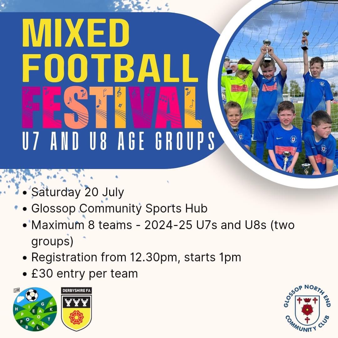 🔵𝙁𝙤𝙤𝙩𝙗𝙖𝙡𝙡 𝙁𝙚𝙨𝙩𝙞𝙫𝙖𝙡⚪️

Come and join us for a fun football festival at Glossop Community Sports Hub this July!

This will suit new under 7 and 8 teams looking to have a fun day playing football at an amazing venue!

Sign up ➡️ bit.ly/GNEFEST

🔵⚪️⚽️