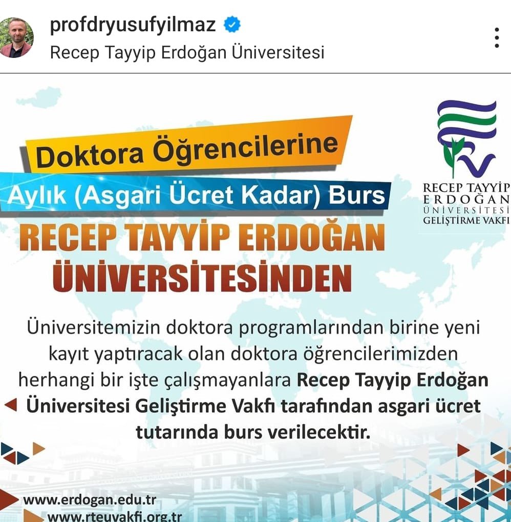ozsevgecc's tweet photo. Üniversitemiz doktoraya yeni kayıt yaptıran öğrencilere mükemmel bir fırsat sunuyor. Doktora bursu #rteü’den. @RTEUniversite
#doktora_burs_rteü https://t.co/p1vHDlgqab