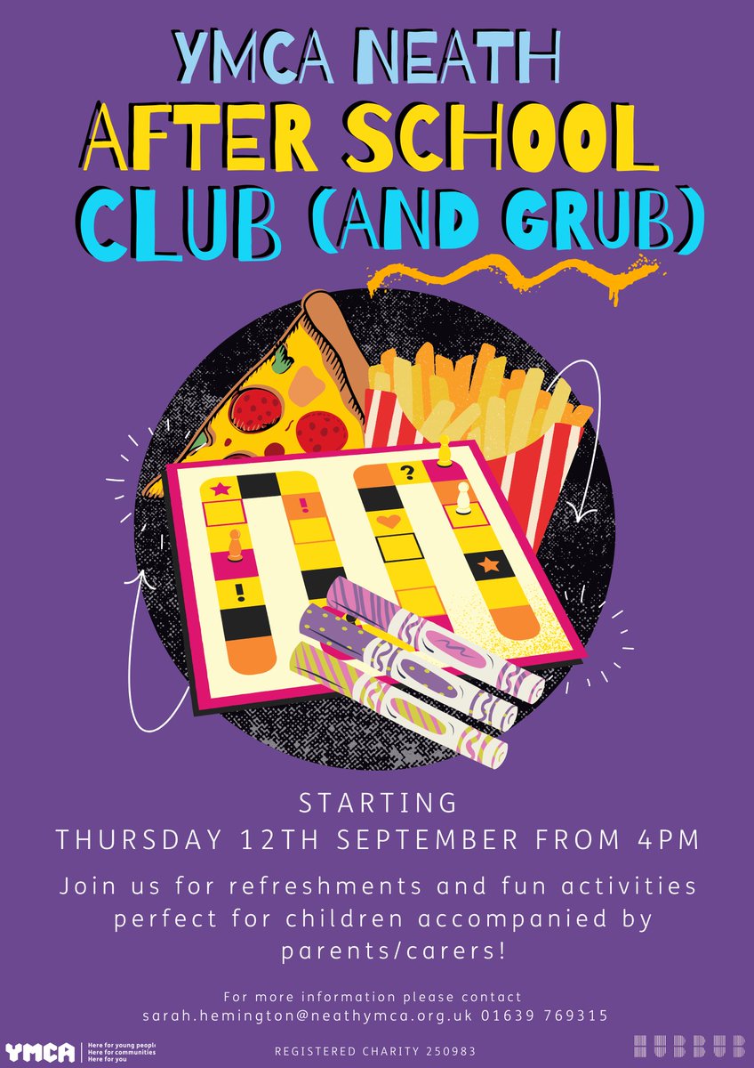 YMCA Neath (@ymcaneath) on Twitter photo We are so pleased to announce our new after school club starting Thurs 12th Sept!😀
Join us for refreshments, food, activities perfect for children accompanied by parents/carers
Free entry-this club is fully funded
For more info contact sarah.hemington@neathymca.org.uk
#YMCA We are so pleased to announce our new after school club starting Thurs 12th Sept!😀
Join us for refreshments, food, activities perfect for children accompanied by parents/carers
Free entry-this club is fully funded
For more info contact sarah.hemington@neathymca.org.uk
#YMCA