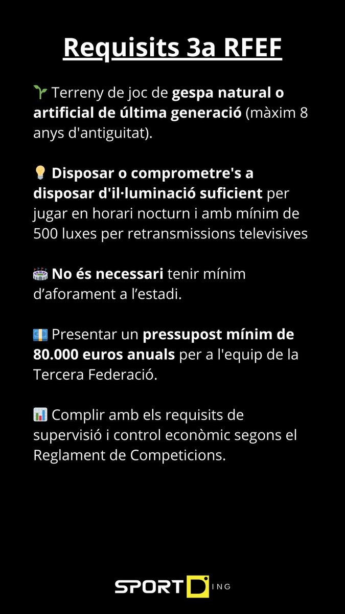 Aquests són els requisits que han de complir els clubs per jugar a #2RFEF o #3RFEF .

Destaca la difèrencia de 320.000€ en el pressupost mínim per plantilla entre categories.