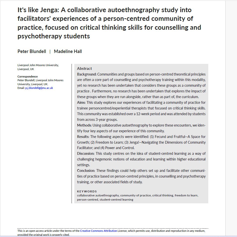 Dr Peter Blundell (he/him) (@drpeterblundell) on Twitter photo A new paper published in <a href="/BACP/">BACP</a> C & P Research Journal It's like Jenga! - exploring exp of community facilitation with <a href="/LJMUCounsPsyPr/">LJMU Counselling & Psychotherapy Practice</a> students, co-author Madeline Hall
Read the article here - onlinelibrary.wiley.com/doi/10.1002/ca…
#OpenAccess <a href="/LJMUResearch/">LJMUResearchSupport</a> <a href="/LJMUPsychology/">LJMU Psychology</a>
#TherapistsConnect A new paper published in <a href="/BACP/">BACP</a> C & P Research Journal It's like Jenga! - exploring exp of community facilitation with <a href="/LJMUCounsPsyPr/">LJMU Counselling & Psychotherapy Practice</a> students, co-author Madeline Hall
Read the article here - onlinelibrary.wiley.com/doi/10.1002/ca…
#OpenAccess <a href="/LJMUResearch/">LJMUResearchSupport</a> <a href="/LJMUPsychology/">LJMU Psychology</a>
#TherapistsConnect