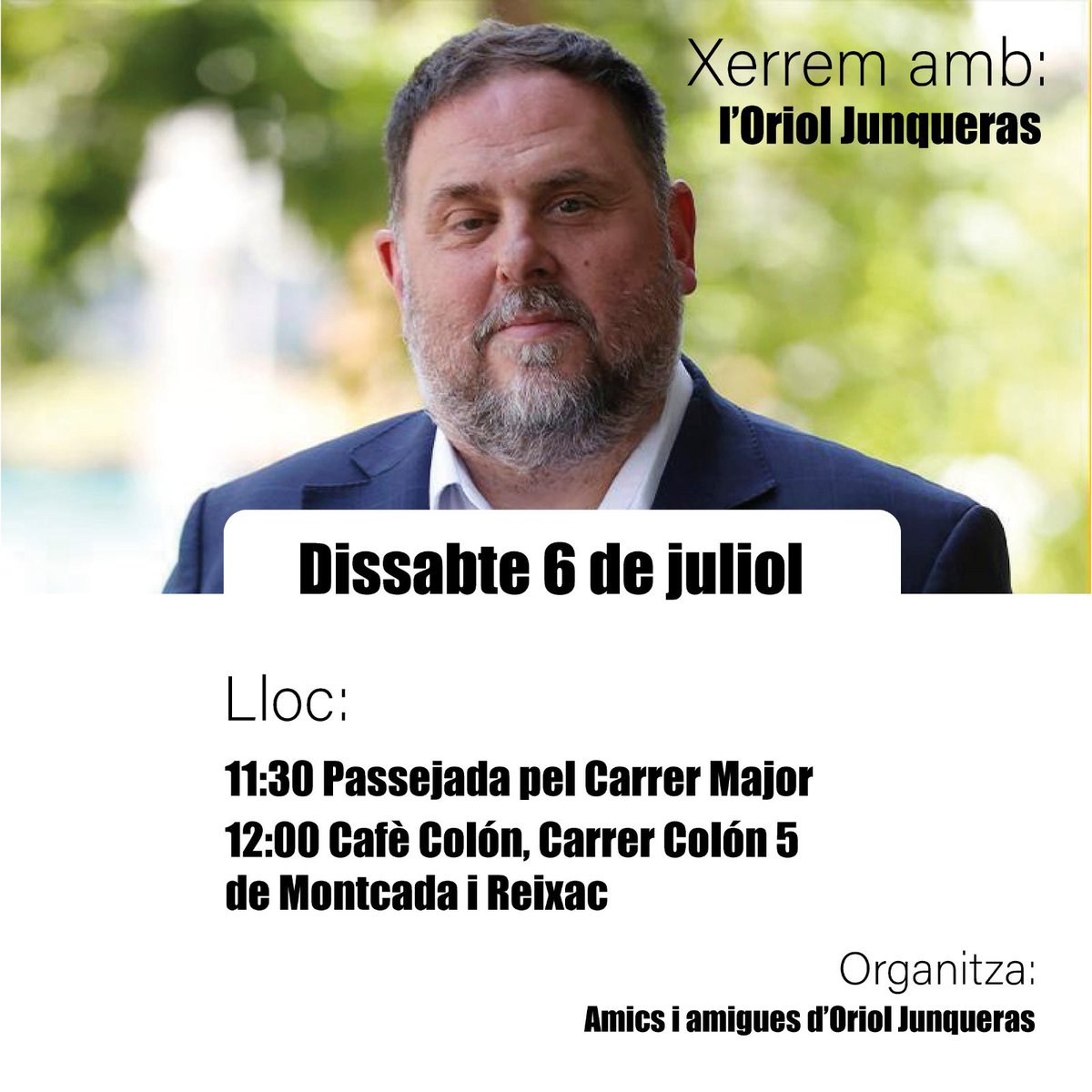 NUET's tweet photo. 🔴 Recorda!, si vols parlar de forma distesa amb l’Oriol @junqueras una mica de tot, també de política, #montcadaireixac t’espera demà dissabte a les 12h https://t.co/2ZnYTWwMk5