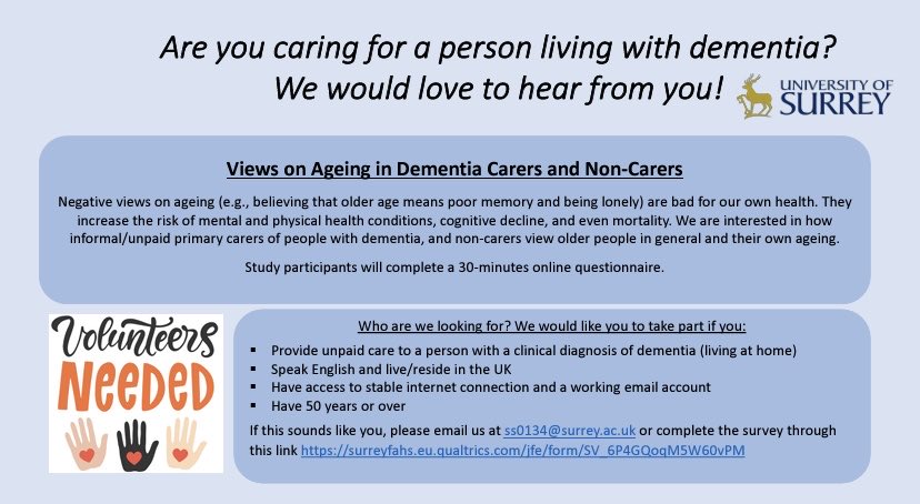 We are recruiting informal carers of people with dementia to take part in a 30-min online survey. The link to the survey can be found in the below advert.