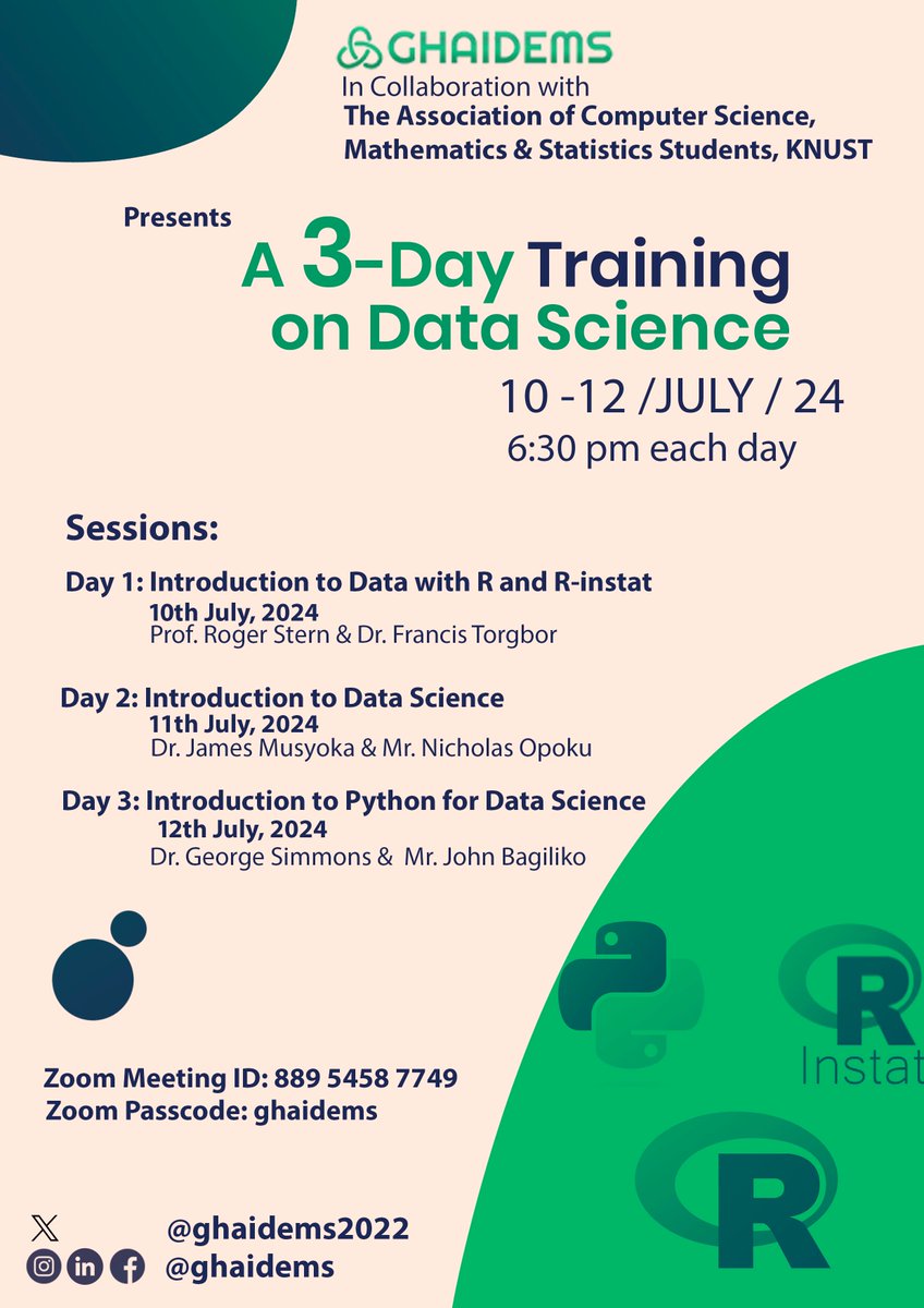 ghaidems's tweet photo. GHAIDEMS is excited to announce our upcoming 3-day Data Science workshop! Join us for a deep dive into the world of data analysis as we probe into Python, R and R-instat.
Don't miss this opportunity to enhance your skills and knowledge in the field of data science! https://t.co/nIeUHBZ8iC