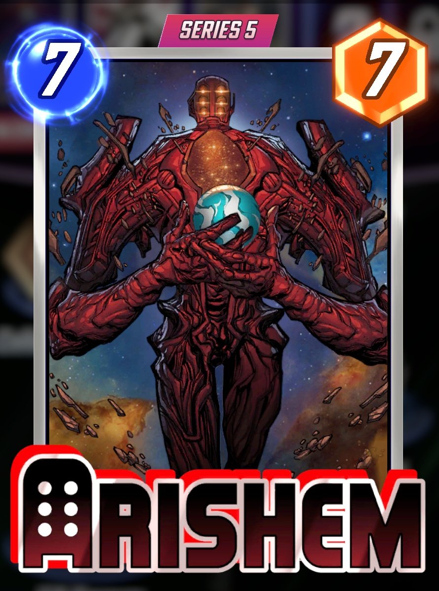 SpaghettiPirate's tweet photo. I'm not sure how Arishem's standing in the meta is gonna be after this first week, but I do think he's one of the funnest cards they've added to Snap in a long time. Every game is completely different with him, I don't think an Arishem deck will ever get stale. #MarvelSnap https://t.co/NCPsYFyHhV