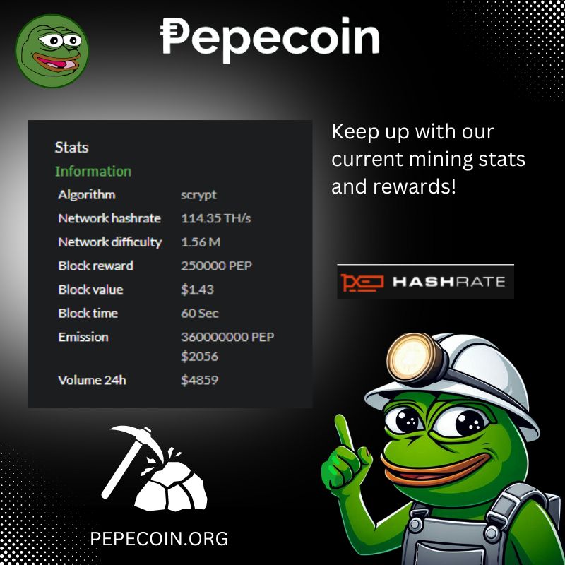 PepecoinNetwork's tweet photo. Find the latest mining data for Pepcoin at this link! Check out the updated statistics at https://t.co/Q5s8QZckq5 #cryptocurrency #miningstats https://t.co/9649Kd9qiQ