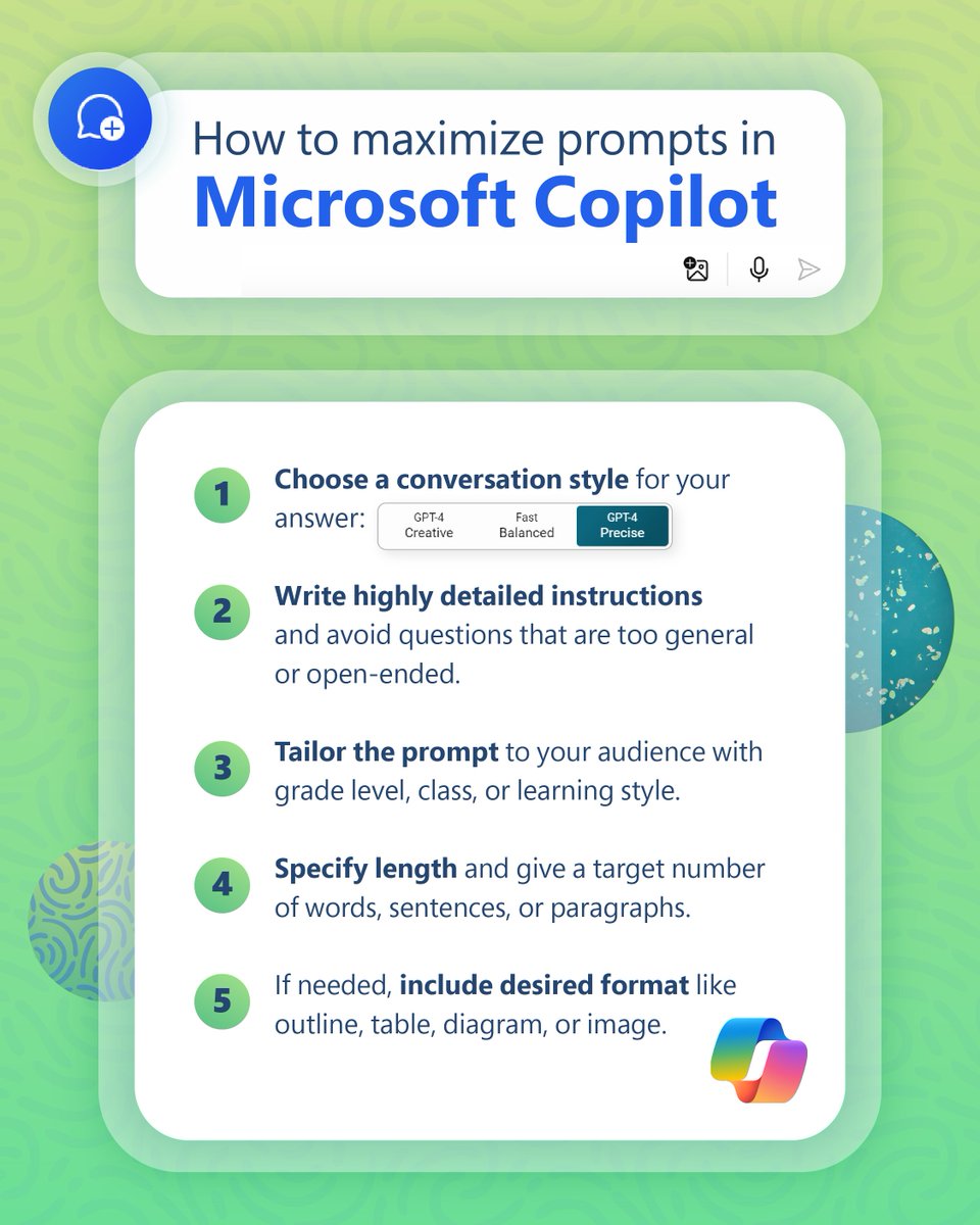 Successful results in Microsoft Copilot begin with a well-crafted prompt. 

🖊️ Up your prompt-writing game with these five strategies to get more specific, personalised AI outputs.

#Copilot #AI #MicrosoftEDU