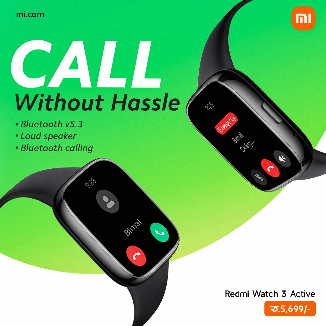 XiaomiNepal's tweet photo. Stay connected effortlessly wherever you go with 𝐑𝐞𝐝𝐦𝐢 𝐖𝐚𝐭𝐜𝐡 𝟑 𝐀𝐜𝐭𝐢𝐯𝐞🌐⚡ Experience the convenience of hands-free calling with style and ease. 📱✨

#XiaomiNepal #RedmiWatch3Active #RedmiRevolution https://t.co/lQrcsZYAJL