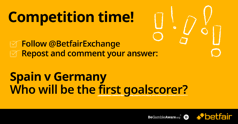BetfairExchange's tweet photo. 📈 #Euro2024 Exchange FGS Competition!

🤔 Who scores first in Spain v Germany?

✅ Follow, repost and guess correctly and you could win a £25 free bet!

⤵️ Click below for T&amp;Cs