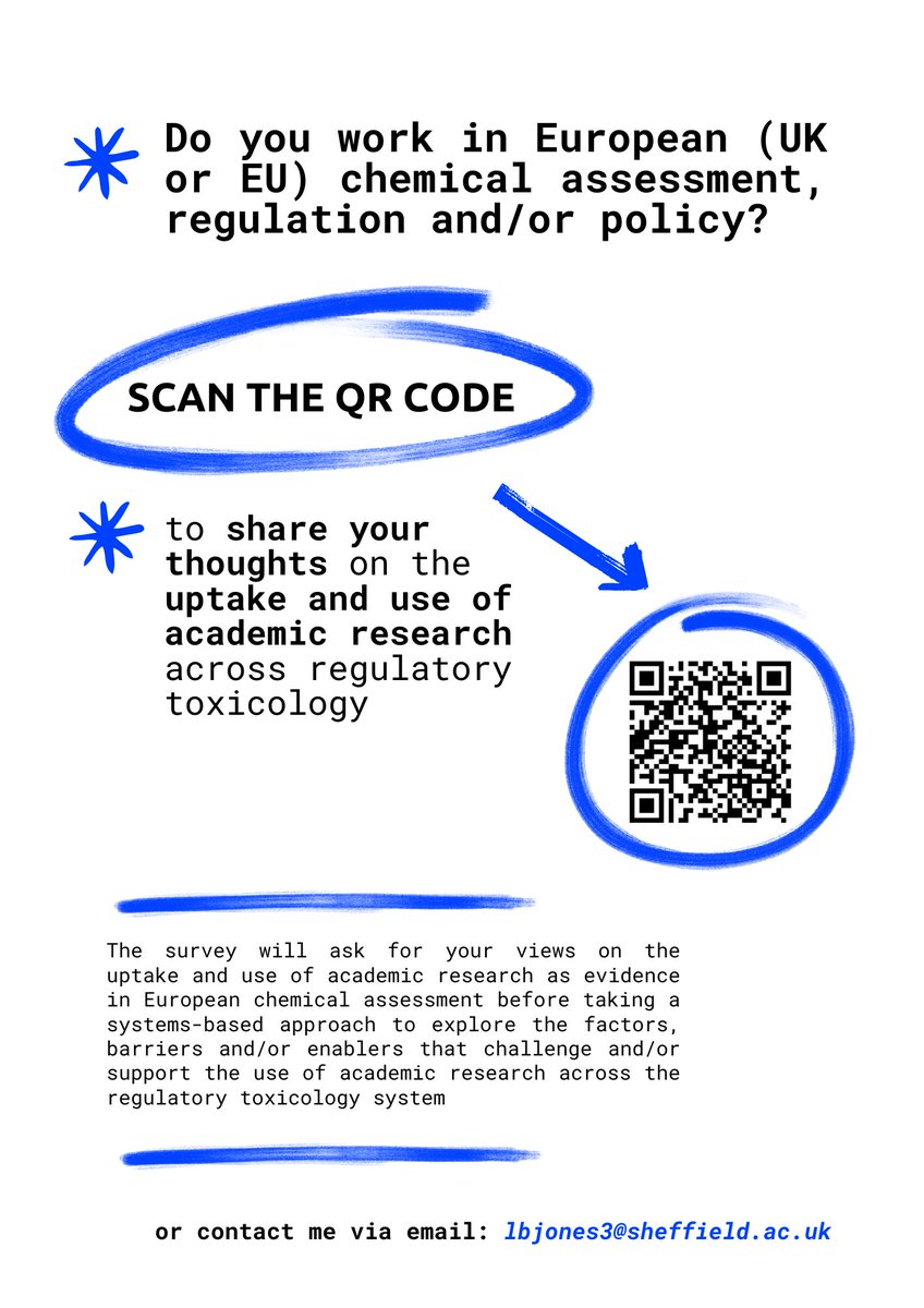 Are you an #academic or researcher whose work is relevant to European (UK🇬🇧 &amp; EU🇪🇺) #chemical assessment, #regulation and/or management?⚠☣ 

If so, we'd like to hear your thoughts 💭

Please spare 10 minutes &amp; contribute to our survey by the 12th July 👉shef.qualtrics.com/jfe/form/SV_88…
