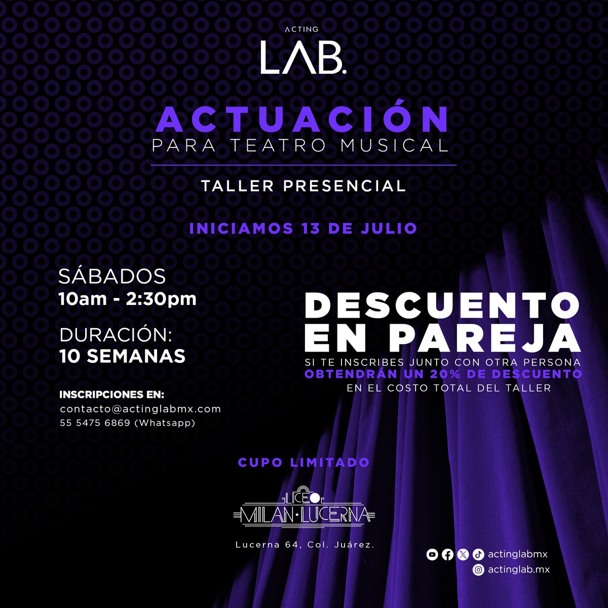 Aprovecha esta promoción que <a href="/actinglabmx/">Acting LAB</a> tiene para ti e inscríbete a la cuarta edición de su taller: Laboratorio de actuación para teatro musical 🎭 ¡Quedan pocos lugares!

INFORMES AQUÍ ➡️ teatromilan.com/talleres