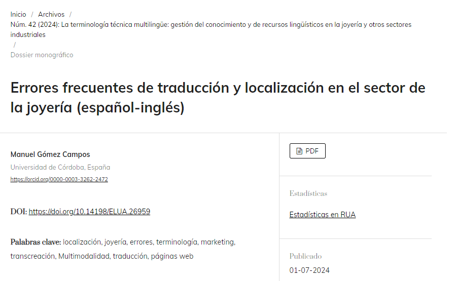 ¿Te interesa la joyería como campo de estudio? ¿Investigas sobre traducción?

No te pierdas este interesante trabajo de <a href="/yomanuelgomez/">Manuel Gómez Campos</a> sobre los errores frecuentes de traducción español-inglés

DOI: doi.org/10.14198/ELUA.…