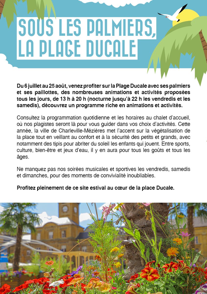 VilledeCMz's tweet photo. 🌴⛱️ La #PlageDucale revient demain à @VilledeCMz !  Jusqu’à fin août, tous les amateurs de farniente et d’activités détente ont rendez-vous au cœur de #Charleville pour s’offrir une tranche de loisirs gratuite. 
💛💙 Demandez le programme ⤵️ https://t.co/OAdZ5qGBzX