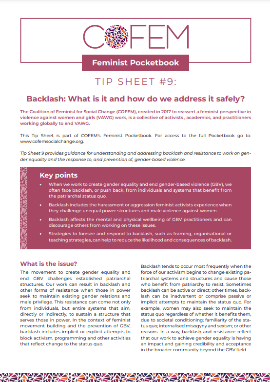 Prevent_Collab's tweet photo. ❗Backlash tends to occur most frequently when the force of our activism begins to change existing patriarchal systems & structures, causing those who benefit from patriarchy to resist.
Read how to address backlash safely here https://t.co/QrfOvpgmWt
@COFEM_EVAW #ProgrammingWell https://t.co/p0evVDFRsq