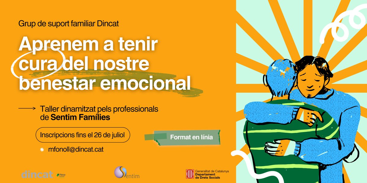 _dincat's tweet image. 📢 Nou taller del #GrupDeSuportFamiliar Dincat!!
"Aprenem a tenir cura del nostre benestar emocional", dinamitzat per @ProgramaSentim. 

🫂 Per totes aquelles amb un membre de la seva família amb una discapacitat intel·lectual.

👉 Apuntat!! Inscripcions fins el 26 de juliol!!