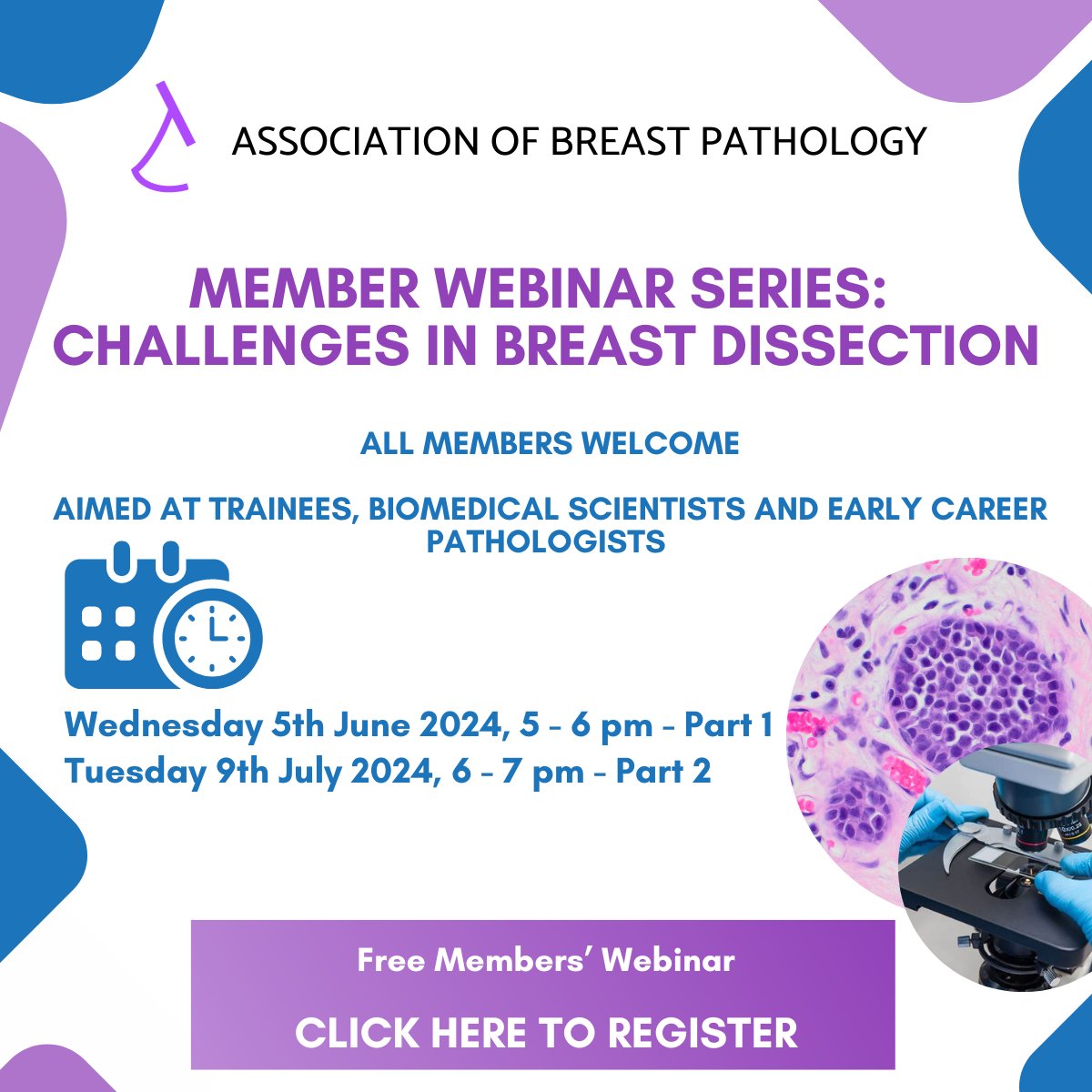 Announcing our next virtual webinar on "Challenges in Breast Dissection" on 09/07 at 18:00 by Dr Navid Momtahan.  The webinar is open for members only. Aimed at trainees, BMS's &amp; early career pathologists. 
Register now at associationofbreastpathology.com/event-details/…
#PathTwitter #pathology