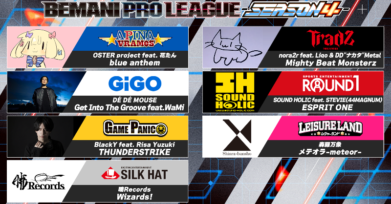 BemaniProLeague's tweet photo. /
#BPLS4 #IIDX 💿🎹
今シーズンを盛り上げるチームイメージミュージックを大公開📢
\
YouTube「BEMANI PRO LEAGUE」チャンネルにてチェックしよう!
🌟 #APINA_VRAMeS
💠 #チームGiGO
⚡ #GAMEPANIC
🎩 #team_SILKHAT
👾 #TAITO_Tradz
🔥 #TeamROUND1
🎪 #BPLチームレジャーランド
#BPL #BEMANI