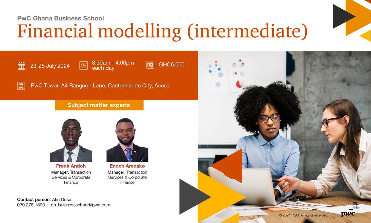 PwCGhana's tweet image. Ready to take your Excel skills to the next level? Join #PwCGhana #BusinessSchool for our upcoming training on financial modeling. 

Don&apos;t miss out! #ExcelSkills #ProfessionalDevelopment