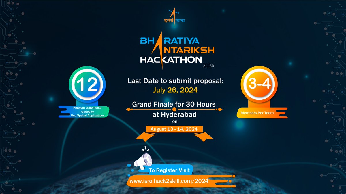isro's tweet photo. Dr. S. Somanath
Secretary, DOS/ Chairman, ISRO
has inaugurated the 
Bhartiya Antariksh Hackathon (BAH) 2024 
portal. 
https://t.co/WorIxikEdd
Students are invited to submit the proposals by 
July 26, 2024
#NSpD2024 https://t.co/n0uNSMbLNy