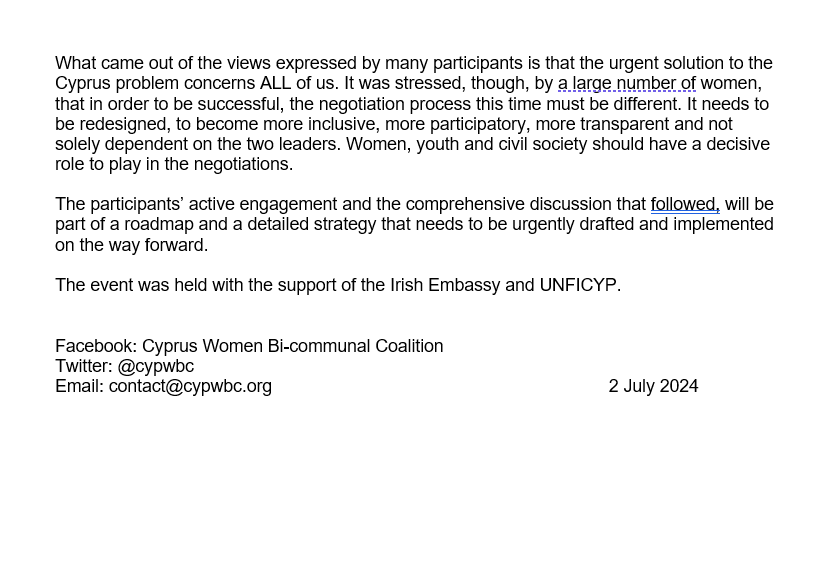 Cyprus Women Bi-communal Coalition Press Release: Women United Open Meeting 1 July 2024