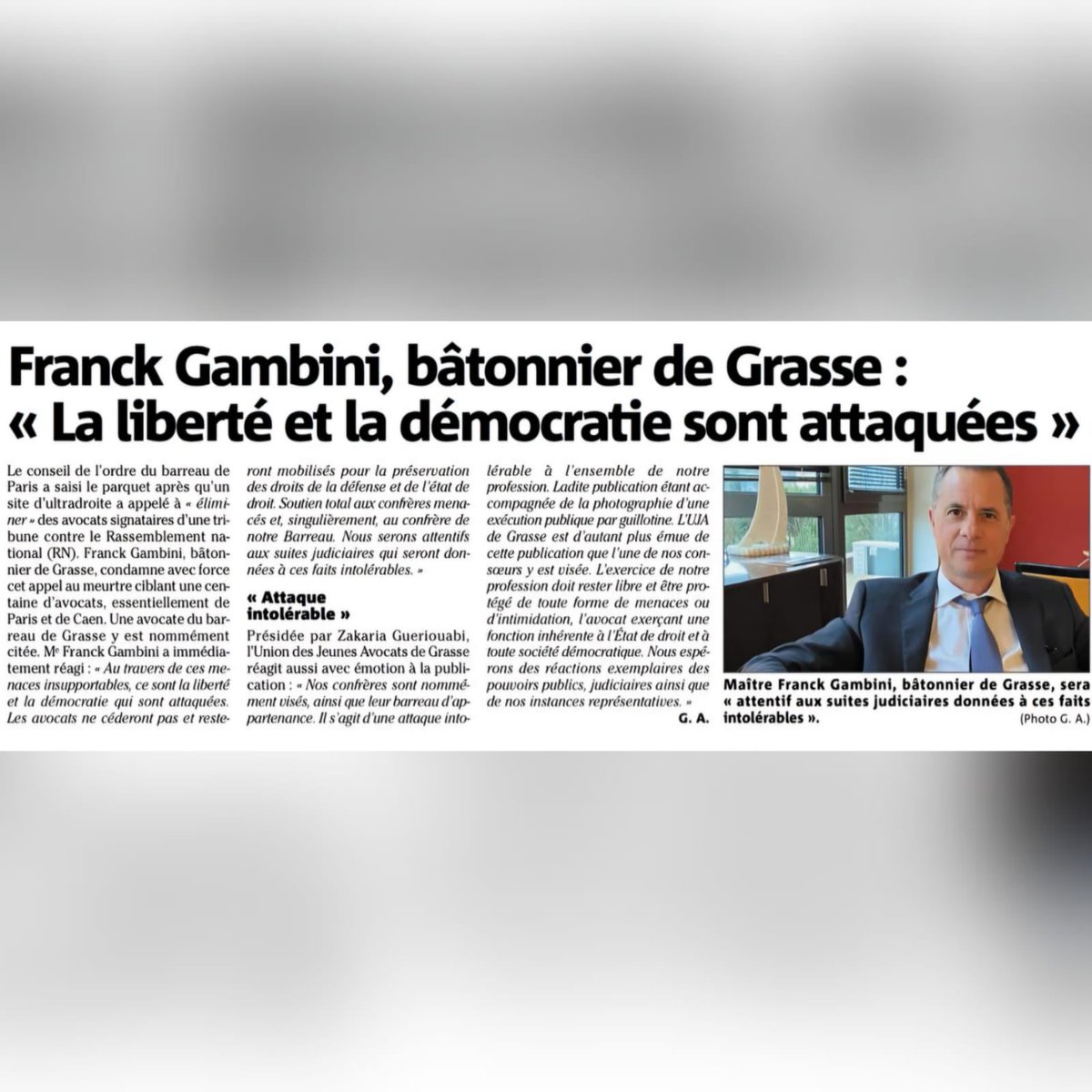 Le Bâtonnier Franck Gambini apporte son soutien sans faille aux #avocats récemment menacés de mort, notamment à notre confrère du #barreau de grasse.
#avocats #justice #defense #droit