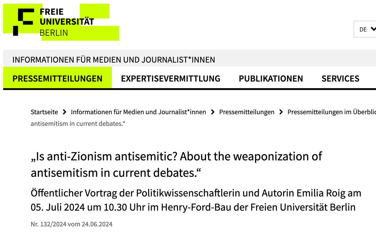 heute darf die autorin emilia roig einen vortrag an der @fu_berlin zu antisemitismus halten - auf einladung der "stabsstelle diversity und antidiskriminierung". und das nach wochenlangen antisemitischen ausfällen und der einschüchterung jüdischer studierende. ein skandal 🧵