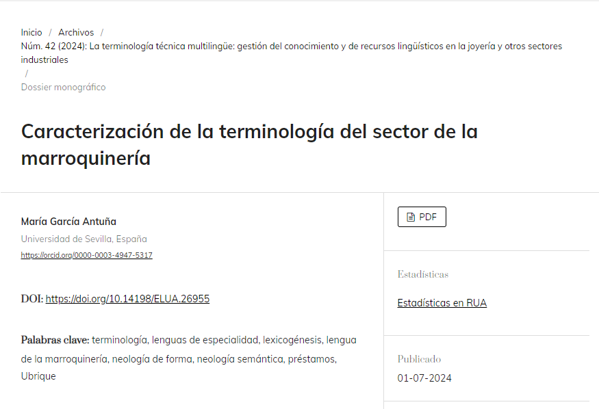 ¿Trabajas en el sector de la marroquinería? ¿Traduces sobre ello?

No te pierdas este artículo de María García Antuña sobre la terminología en este campo.

DOI: doi.org/10.14198/ELUA.…