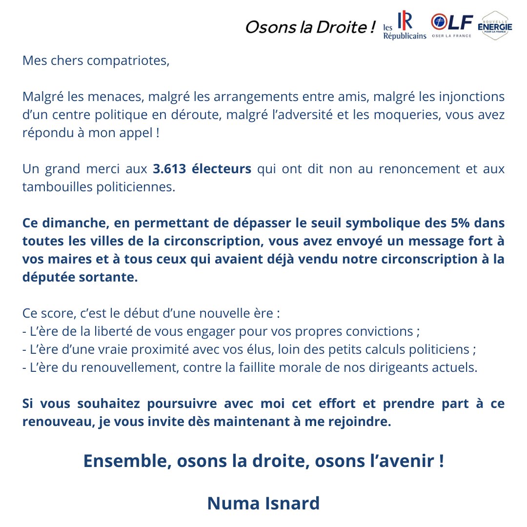 Un grand merci aux 3 613 électeurs qui ont dit non au renoncement et aux tambouilles politiciennes. En permettant de dépasser le seuil des 5%, vous avez envoyé un message fort à vos maires. Si vous souhaitez poursuivre l’aventure je vous invite à me rejoindre !