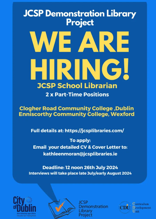 jcsplibraries's tweet photo. We have vacancies for 2 part-time JCSP School Librarians.  Great chance to join a wonderful team that are really making a difference in education. 
Full details on our website: https://t.co/1iPMlNRZNu
#LISJobsIE #LibraryJobsIE #LibraryJobs #jobfairy https://t.co/V1pPz4o22O
