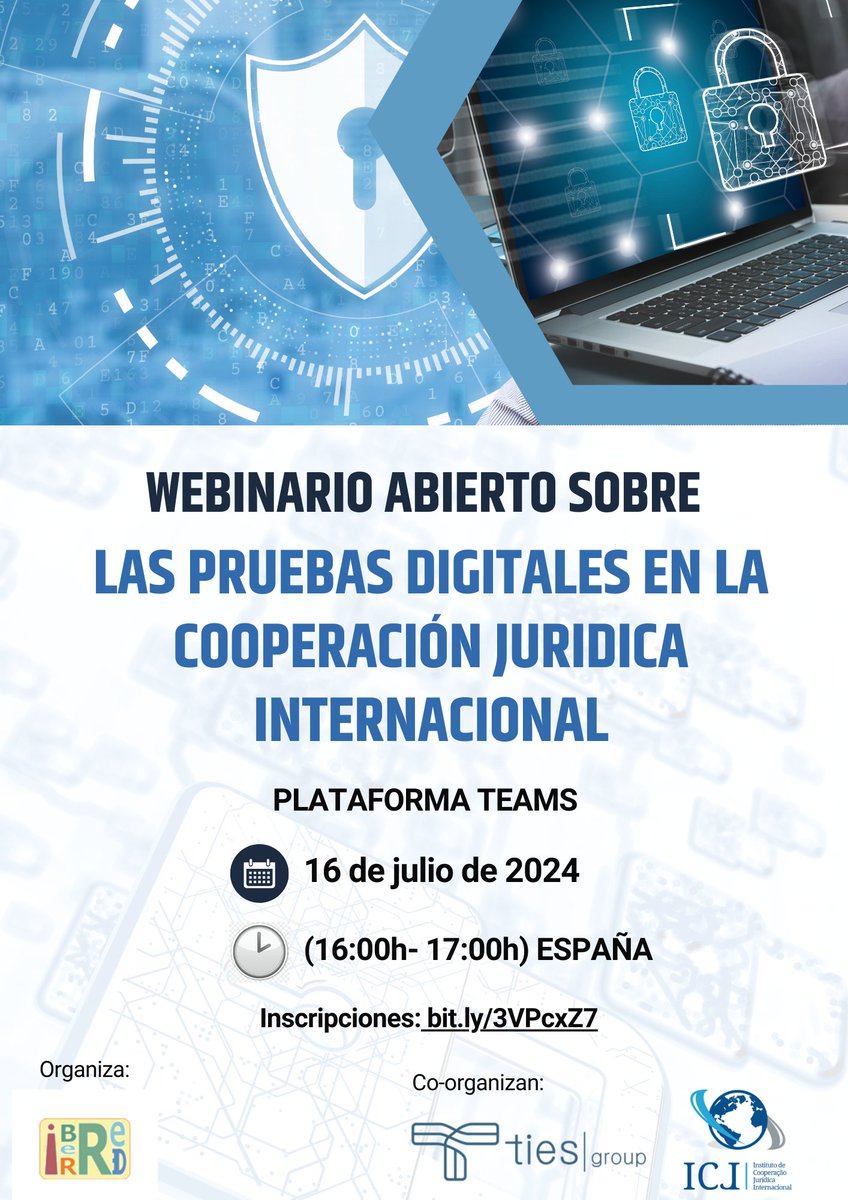 iber_red's tweet photo. ‼️Reserva la fecha‼️
✅Webinario abierto sobre "Las pruebas digitales en la cooperación jurídica internacional"
👉Con la participación de ponentes expertos destacados en la materia.
🗓️16/07/2024
🕓16:00- 17:00 (hora española)
✍️Inscríbete aquí:  https://t.co/ti1n00apae https://t.co/PstpzeApkj
