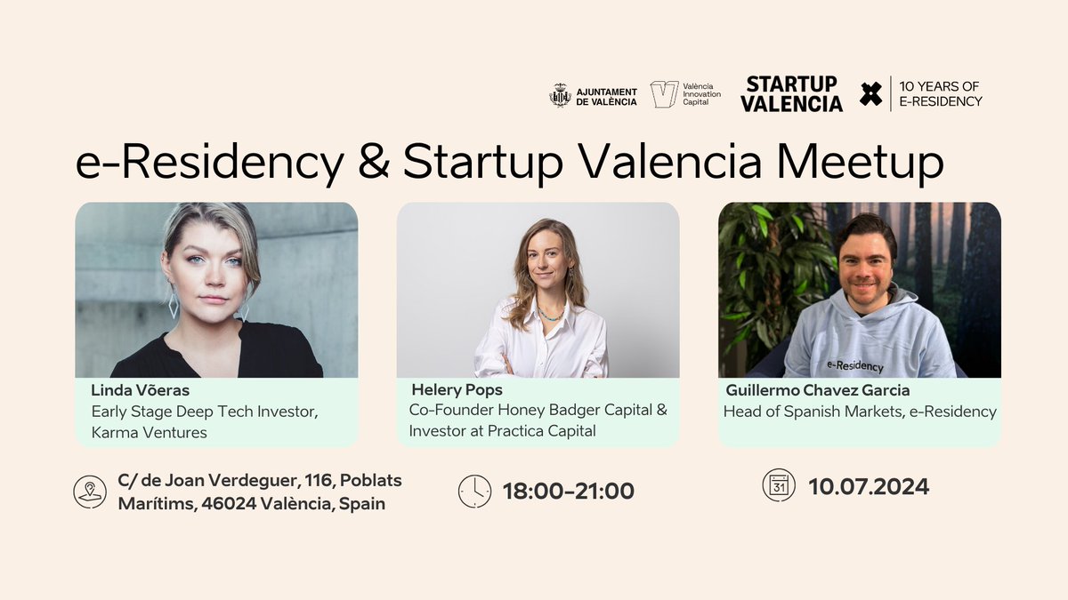 👀 Are you ready for the <a href="/e_Residents/">e-Residency: Estonia</a> and Startup Valencia Meetup?

The session, which will be held on July 10th at La Harinera, will feature two of the 🔝 venture capital funds from #Estonia: <a href="/PracticaCapital/">Practica Capital</a> and <a href="/karmaventures/">karma.vc</a>

See you on Wednesday! 🤗 eventbrite.fi/e/e-residency-…
