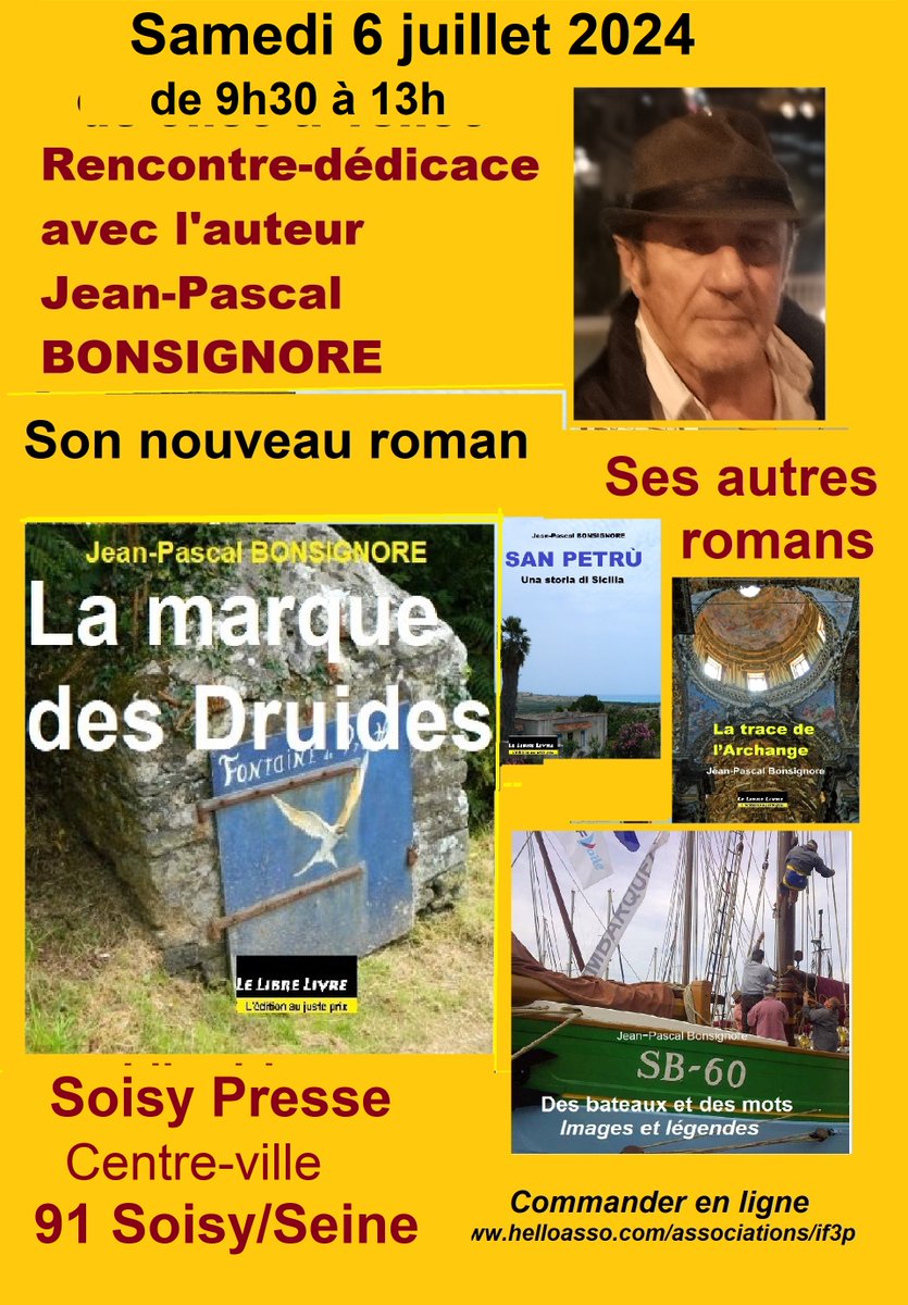 JpBonsignore's tweet photo. Demain samedi 6 juillet, dernière dédicace de la saison.
Je serai à la librairie-presse du centre-ville à Soisy-sur-Seine (91).
Passez me voir https://t.co/VgPEBuMWzI