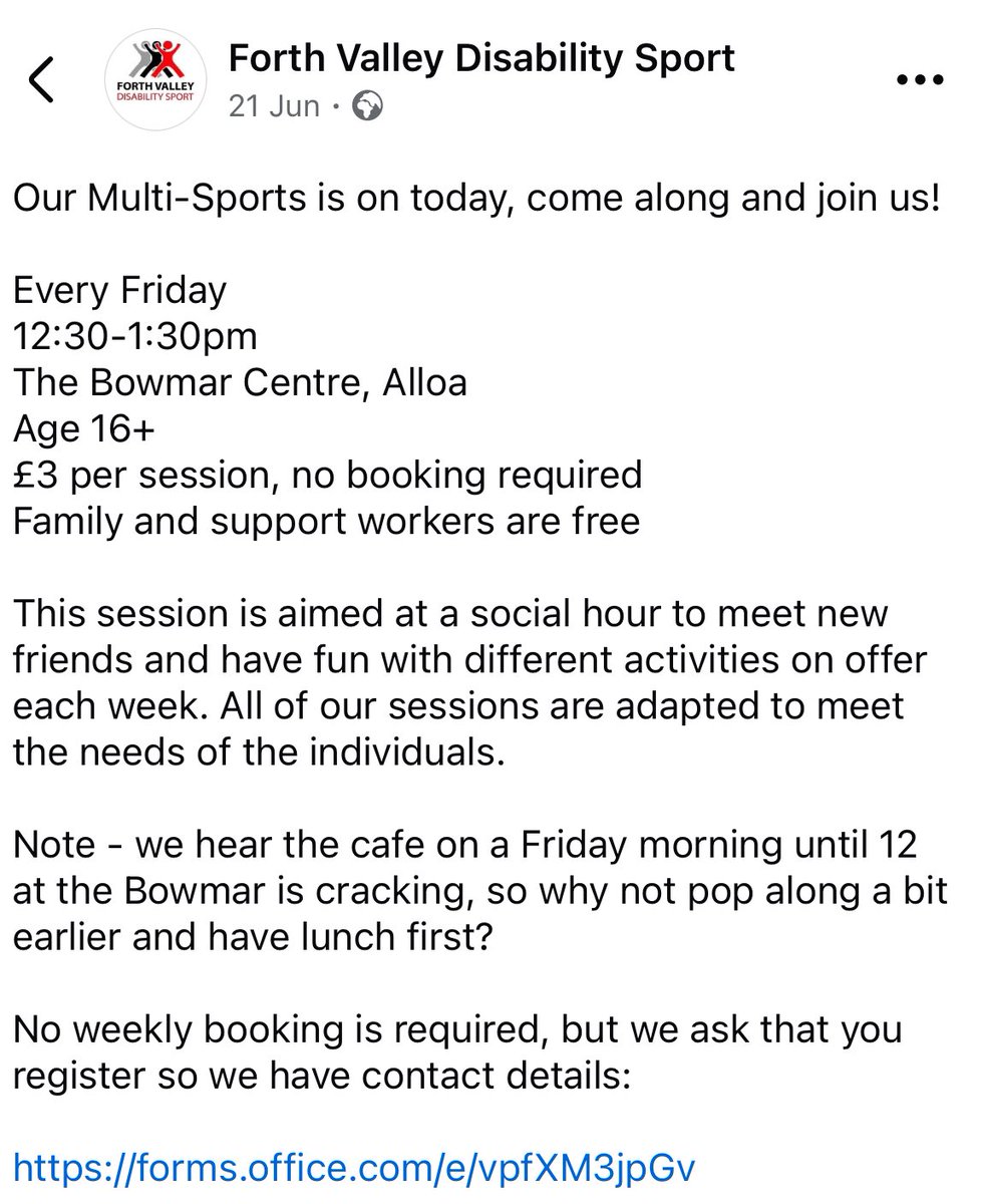 ForthValleyDS's tweet photo. FORTH VALLEY DISABILITY SPORT
MULTI SPORTS 

We have our FVDS Multi Sports on today at @ClacksEducation @ClacksCouncil Bowmar Centre 

REMEMBER if you’re a school pupil it is FREE OF CHARGE. Open to all 16+ with physical, sensory or learning disability 

https://t.co/scMHoQAQ3c https://t.co/G3FXAhhrXI