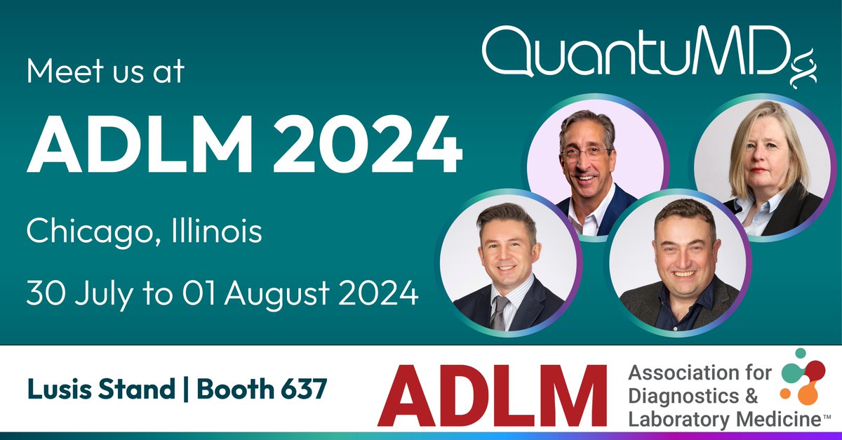 Meet QuantuMDx at this year's #ADLM (formerly AACC) in Chicago, Illinois between 30 Jul - 01 Aug 24. 
 
We will be at the Lusis Stand in Booth 637 to talk about the Q-POC™ point-of-care platform and its exciting future multiplex assays, including our novel TB-HIRA product.

#POC