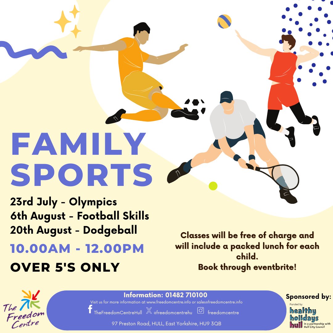 Healthy Holidays Summer Events are here!!
@Healthy Holidays Hull
Working with @thefreedomcentregym @Host with the Most @thefreedomcentrehull
All bookings to be made through EventBrite
#thefreedomcentrehull #healthyholidays2024 #summer #Holidays #families #Community #charity #hull