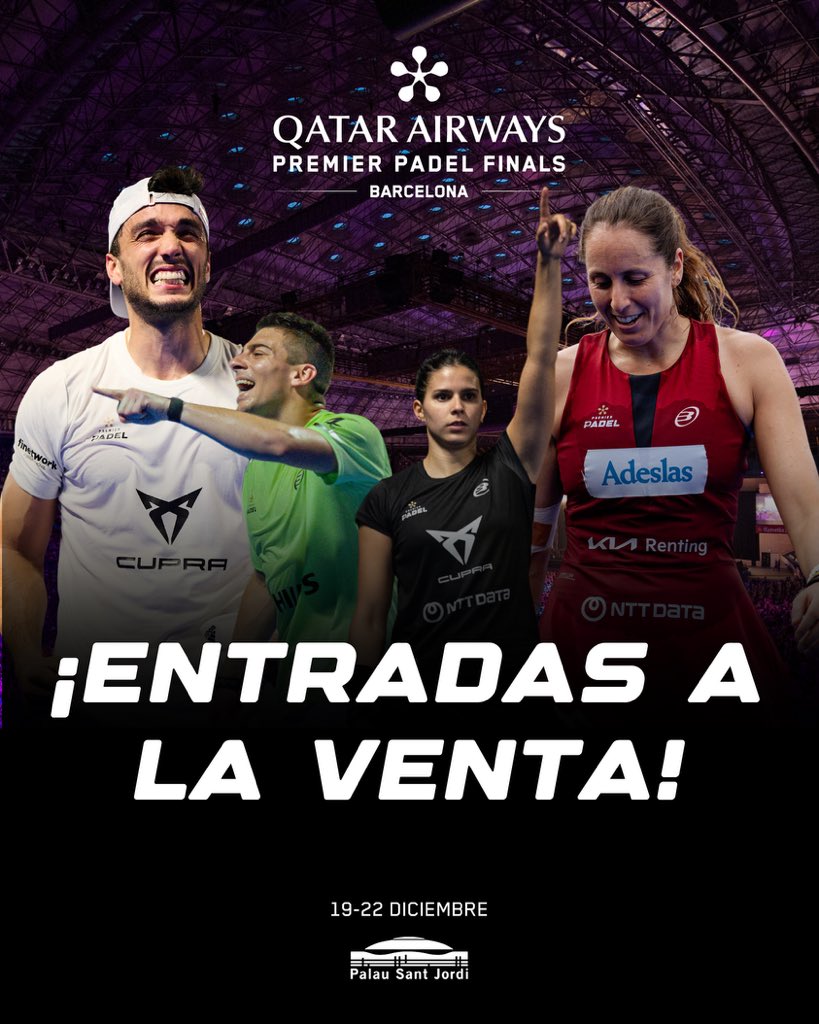 ¡𝗦𝗔𝗟𝗜𝗠𝗢𝗦 𝗔 𝗟𝗔 𝗩𝗘𝗡𝗧𝗔! 🎟️
 
Barcelona ruge con las #QatarAirwaysPremierPadelFinals. ¡QUEREMOS VIVIRLO CONTIGO! El mejor pádel del mundo cierra una temporada histórica en el Palau Sant Jordi y tú eres figura clave para conseguirlo.
 
📲🔗 ¡Hazte ya con tu entrada en