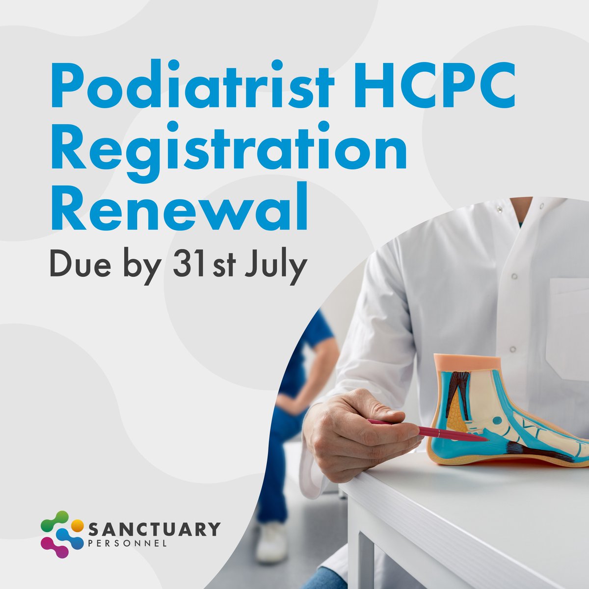 🚨 Attention all podiatrists! 🚨 

The HCPC renewal date is fast approaching! ⏰ Ensure your registration is up-to-date by 31st July to continue providing quality care and avoid disruption. 

Stay compliant, stay professional! 💼👣 

#HCPCRenewal #Podiatry #HealthcareProfessional