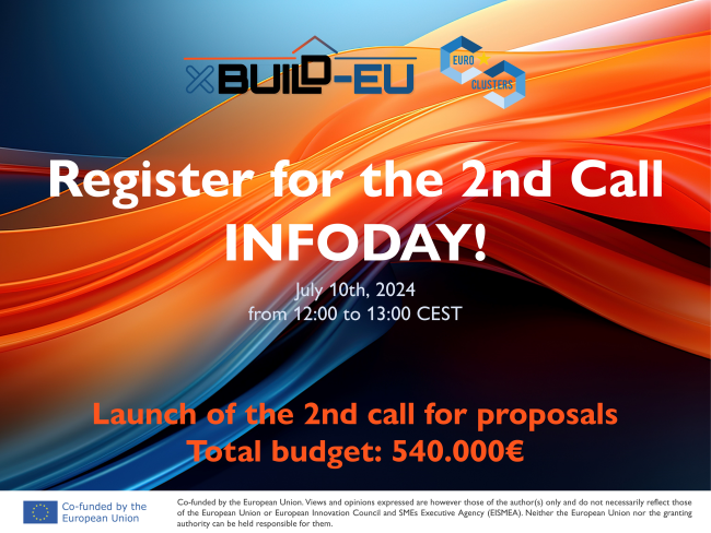 📢Don’t miss a chance to learn about funding for your innovative projects! Join XBuild-EU online InfoDay:

🗓️10 July | 12:00-13:00 CET

XBuild-EU call for proposals offers €540,000 for three grants:
💡Innovate
♻Green &amp; Digital
🌐Global

More👉#ECCP: clustercollaboration.eu/content/info-d…