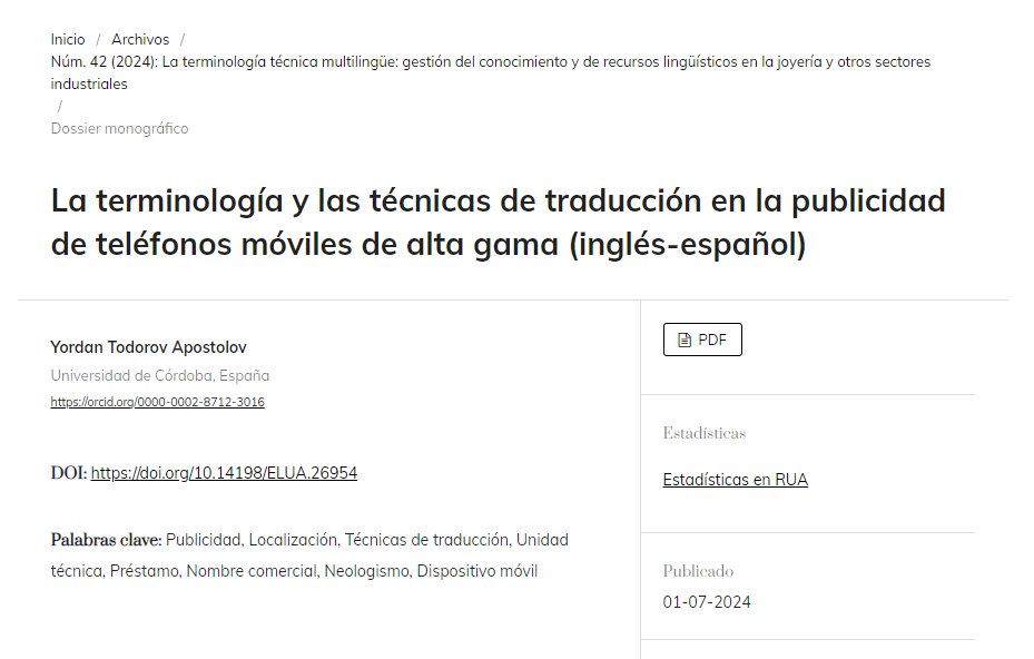 En nuestro último número monográfico <a href="/YordanTrad/">Yordan</a> ha publicado un trabajo sobre la traducción inglés-español y el campo de la telefonía móvil.

¡No te lo pierdas!

DOI: doi.org/10.14198/ELUA.…