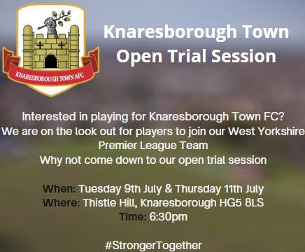 KnaresboroughFC's tweet photo. 𝗞𝗡𝗔𝗥𝗘𝗦𝗕𝗢𝗥𝗢𝗨𝗚𝗛 𝗧𝗢𝗪𝗡 𝗢𝗣𝗘𝗡 𝗧𝗥𝗜𝗔𝗟 𝗦𝗘𝗦𝗦𝗜𝗢𝗡𝗦

We will be holding open trial sessions on Tuesday 9th and Thursday 11th July

If you are looking to play local football in a competitive league why not come down to our open trial

#StrongerTogether https://t.co/cHsEjzOx5o