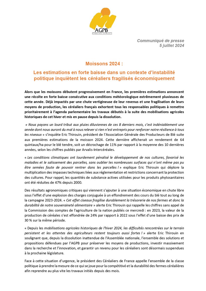 AGPB-Les Nouveaux Céréaliers (@agpb_cerealiers) on Twitter photo 🌾#moisson2024
📢<a href="/EricTHIROUIN/">Eric THIROUIN</a> "Nous payons un lourd tribut aux pluies diluviennes de ces 8 derniers mois, c’est une année dont nous auront du mal à nous relever si rien n’est entrepris pour renforcer notre résilience à tous les niveaux"
👀Lire notre CP 🌾#moisson2024
📢<a href="/EricTHIROUIN/">Eric THIROUIN</a> "Nous payons un lourd tribut aux pluies diluviennes de ces 8 derniers mois, c’est une année dont nous auront du mal à nous relever si rien n’est entrepris pour renforcer notre résilience à tous les niveaux"
👀Lire notre CP