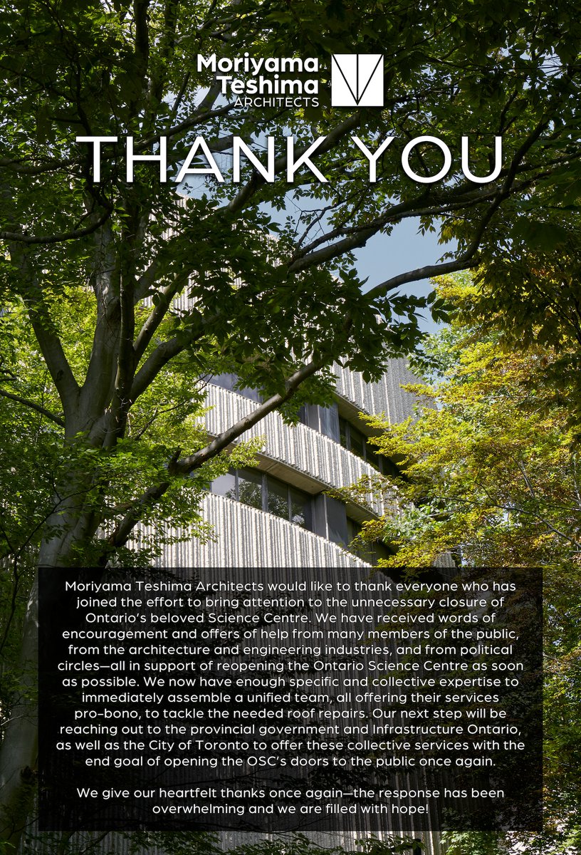 Please refer to Moriyama Teshima Architects' official update regarding the <a href="/OntScienceCtr/">Ontario Science Centre</a>.
#ontariosciencecentre
