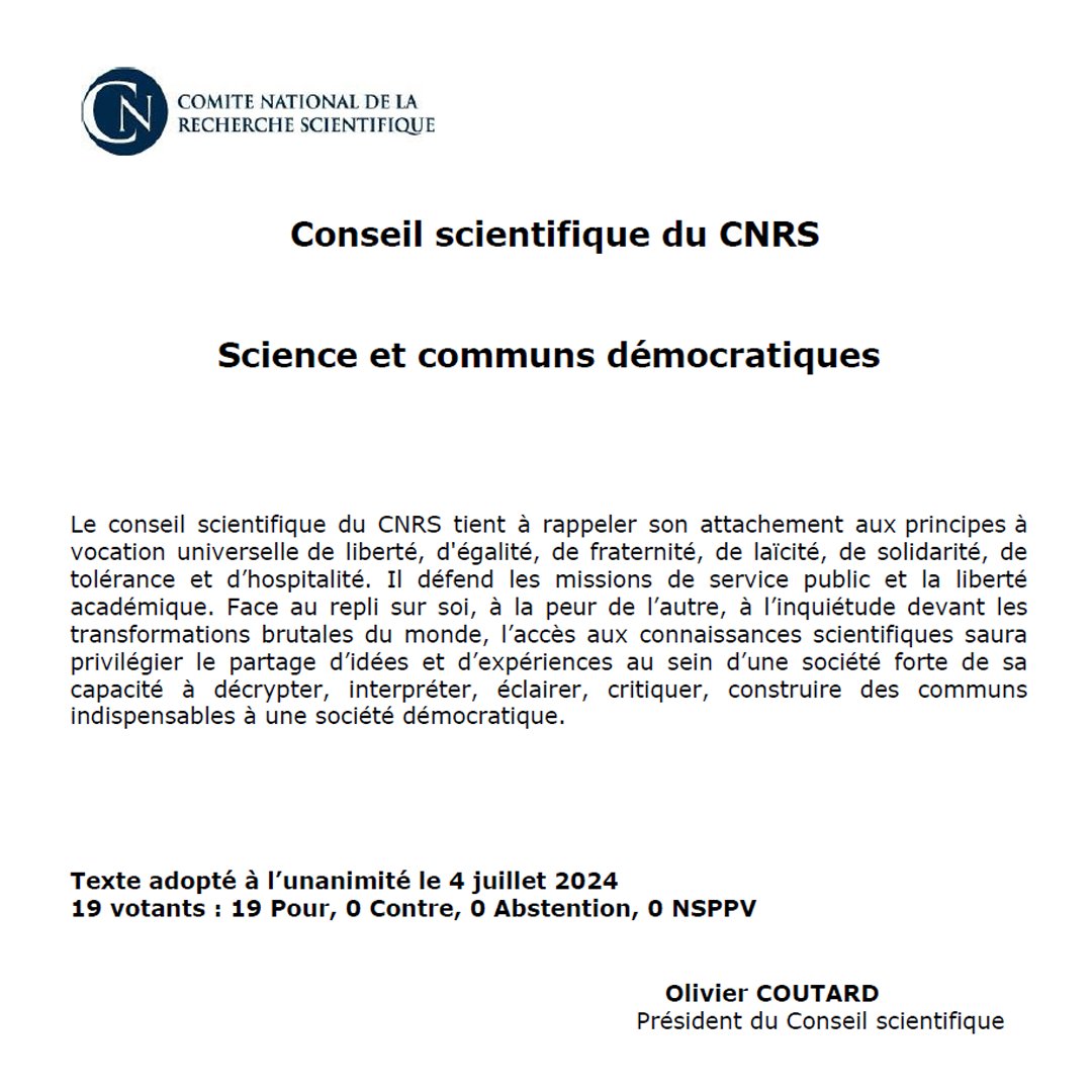 Le Conseil scientifique du <a href="/CNRS/">CNRS 🌍</a> rappelle son attachement aux principes à vocation universelle de liberté, d'égalité, de fraternité, de laïcité, de solidarité, de tolérance et d’hospitalité.
cnrs.fr/comitenational…