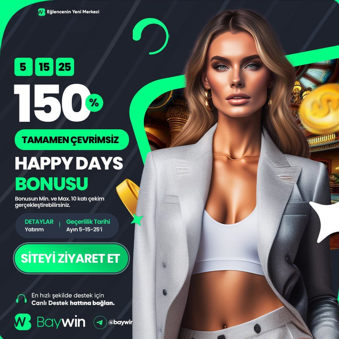 #baywin 
TAMAMEN ÇEVRİMSİZ HAPPY DAYS GÜNÜ BAŞLADI !

Her Ayın 5 - 15 - 25 Günlerine Özel Tam %150 Bonus

Baywin'de Happy Days Günlerinde Kazanmayan Kalmayacak

Detaylı Bilgi ve Giriş İçin : t2m.io/baywin-gir
#baywin #baywingiriş