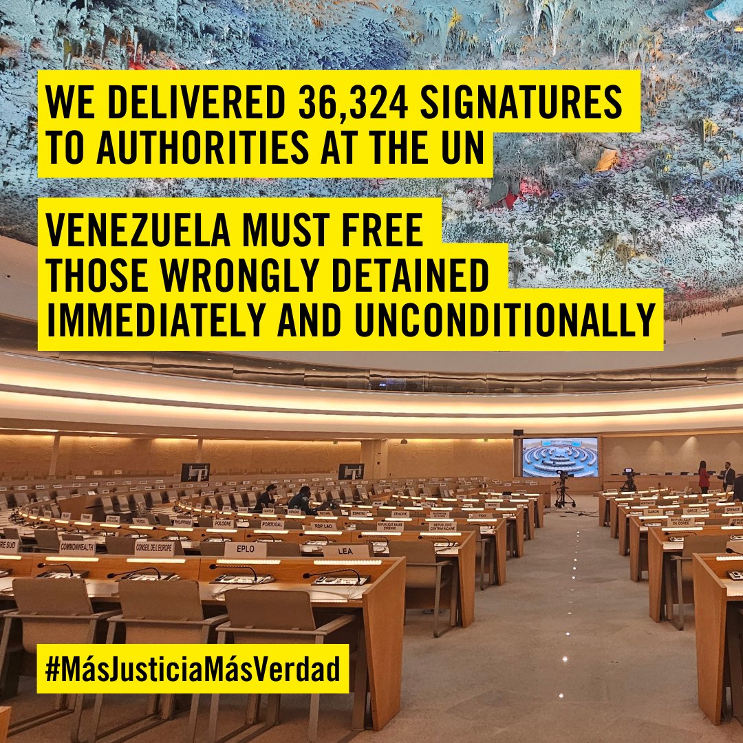 Thousands of activists in 119 countries signed our #NoMoreLivesDetained petition demanding the release of people arbitrarily detained for political reasons in #Venezuela.
 
Every one of these actions supports victims and we will not stop until they are free ✊